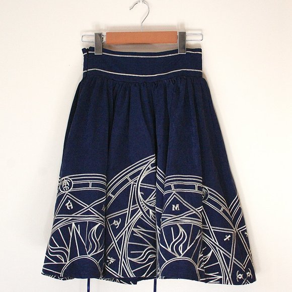 Unique Navy Blue A Line Skater Skirt With Golden Celestial Embroidery Size S - Picture 5 of 10